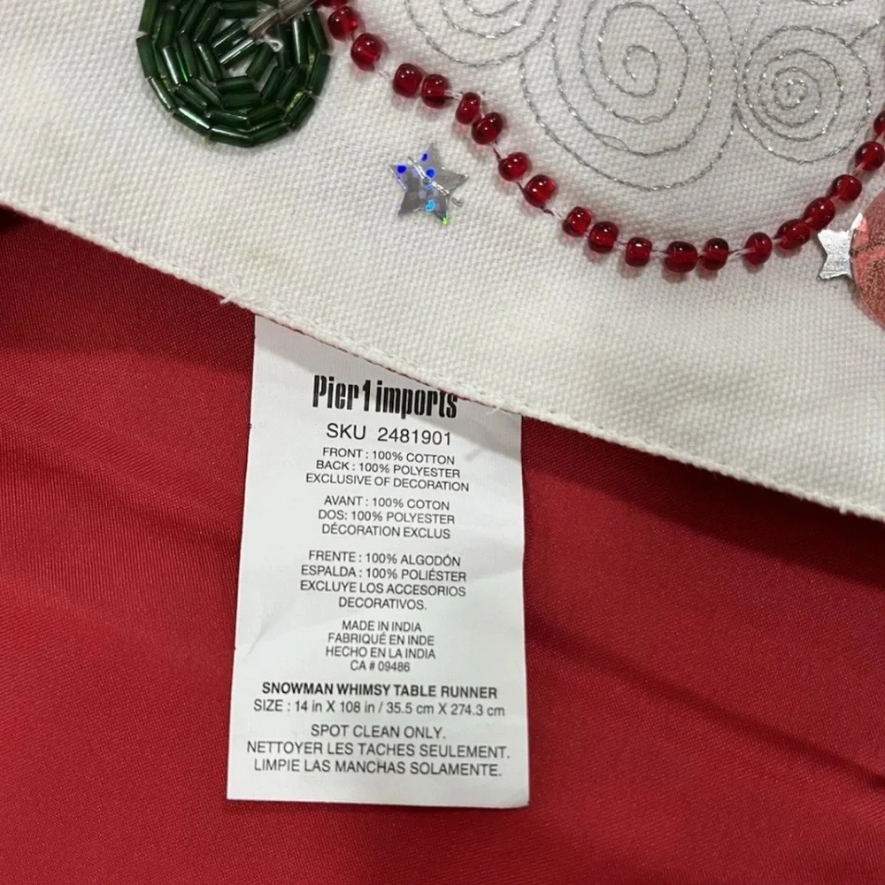 Pier 1 Imports Snowman Whimsy Christmas Table Runner Beaded Embellished 14X108